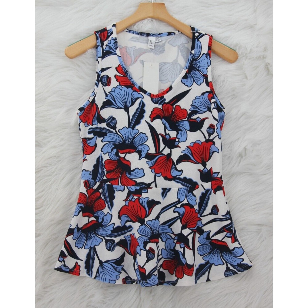 JL Jules & Leopold Women's Sleeveless Peplum Top Red Blue V Neck Flower XS #1566